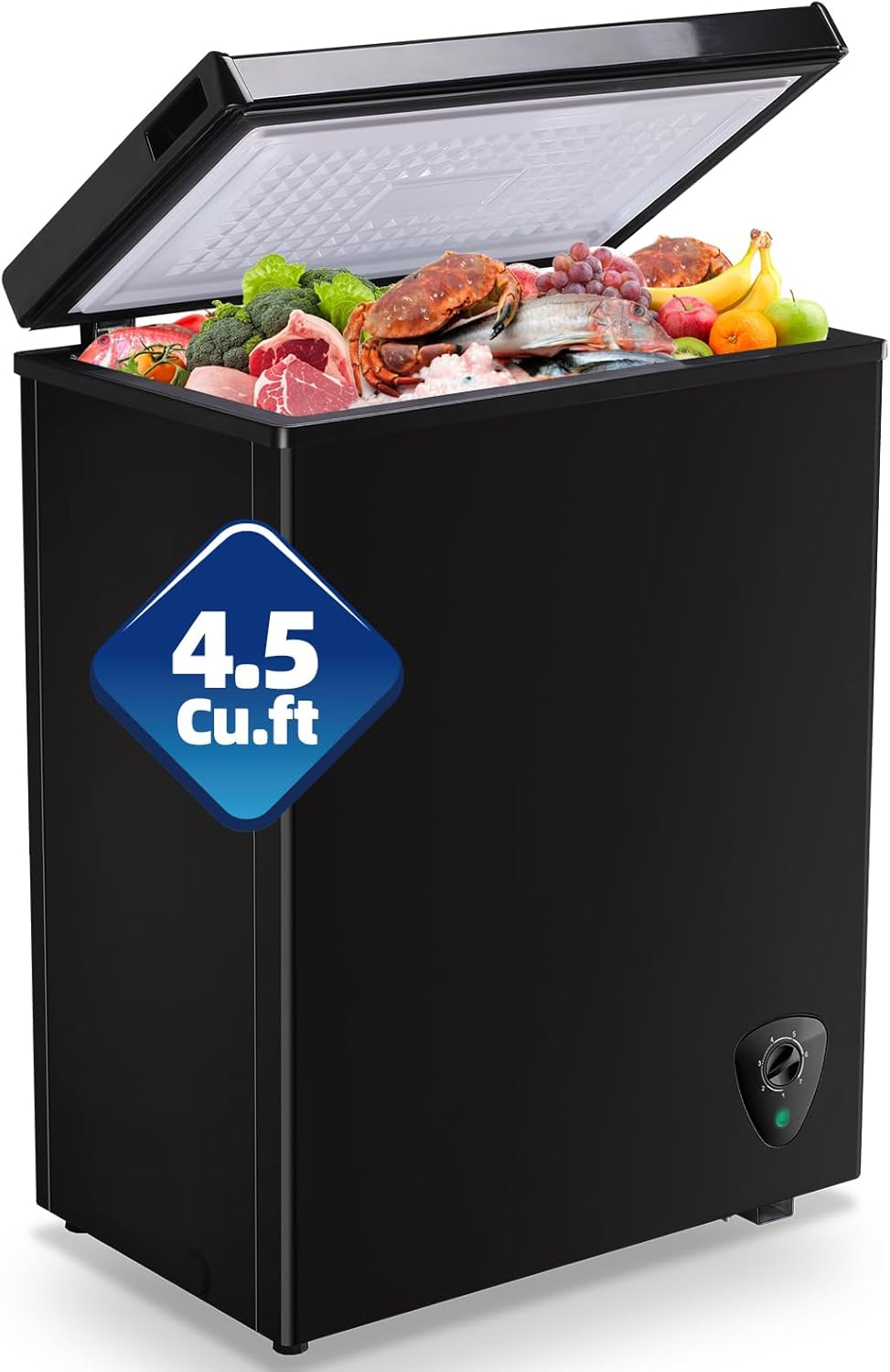 4.5 Cu.ft Chest Freezr with Wheels Deep Freezer for Bulk Storage Top Open Door 2 Removable Baskets 7 Modes Temperature for Home Apartment Kitchen Black