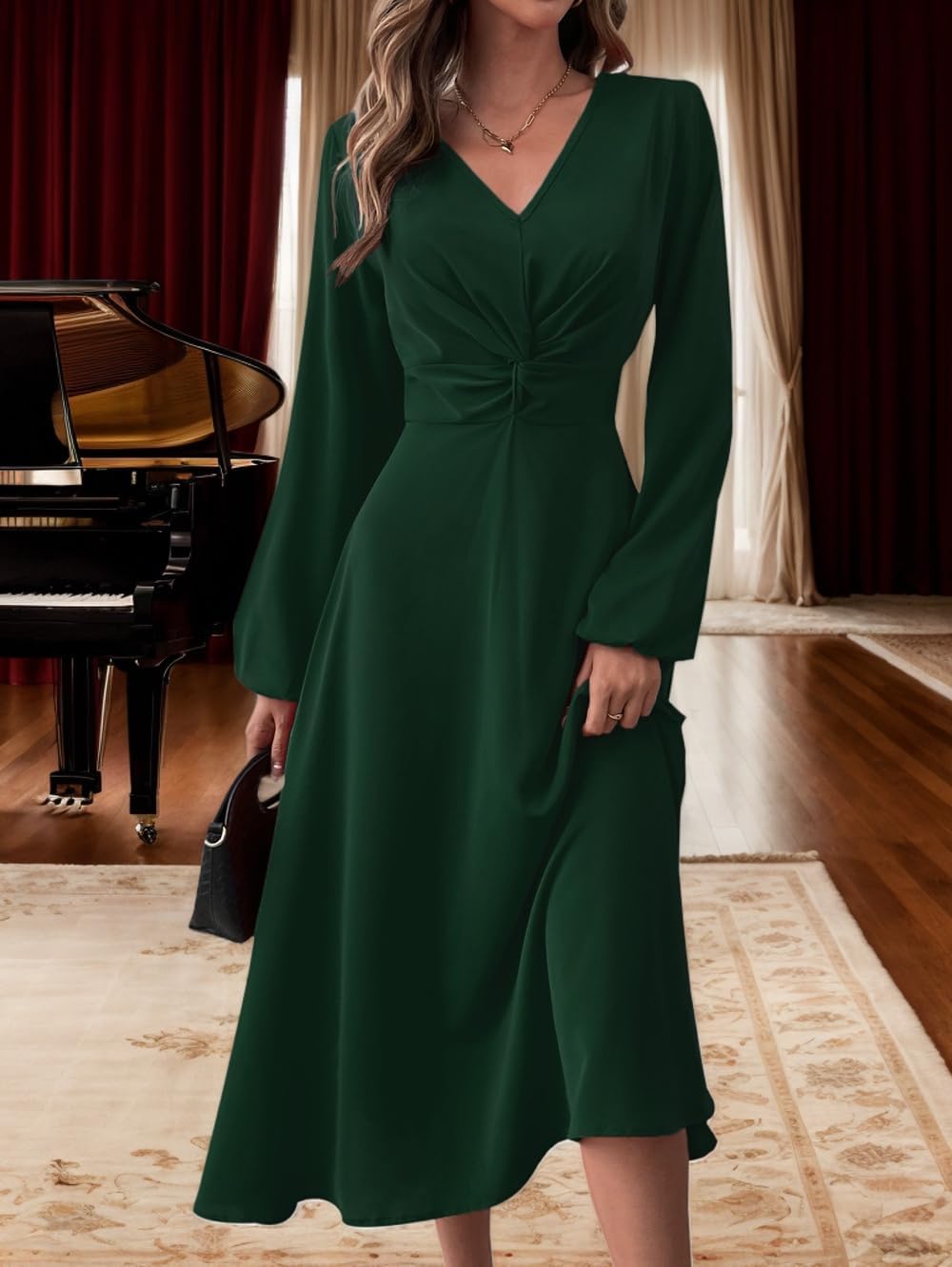 LalaLin Long Sleeve Wedding Guest Dress for Women V-Neck Cocktail Church Maxi Dresses Green - Image 3
