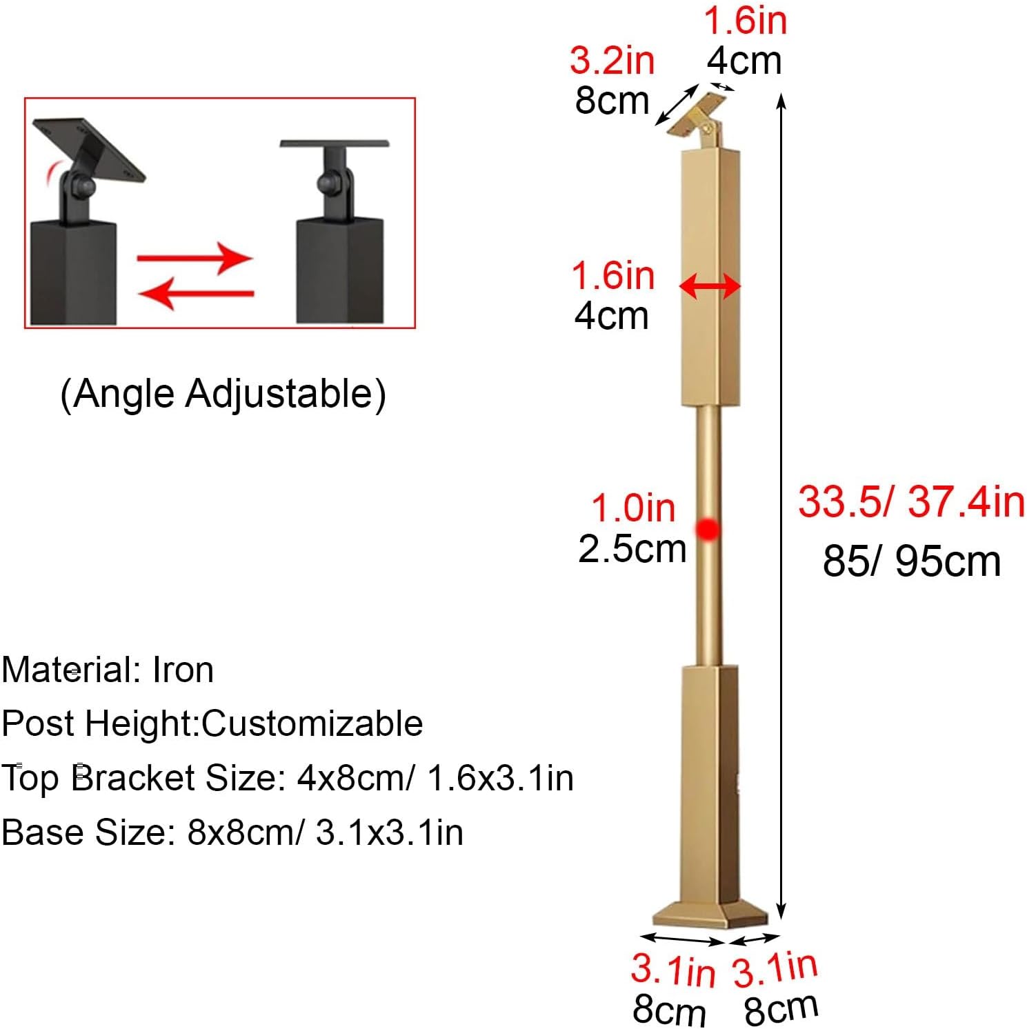 Angle Adjustable Metal Stair Spindles, Black/Gold/White Iron Balusters for Staircase, Contemporary Deck Balusters for Outdoor Stair Deck Porch(Gold,95cm/37.4in/3.1ft)