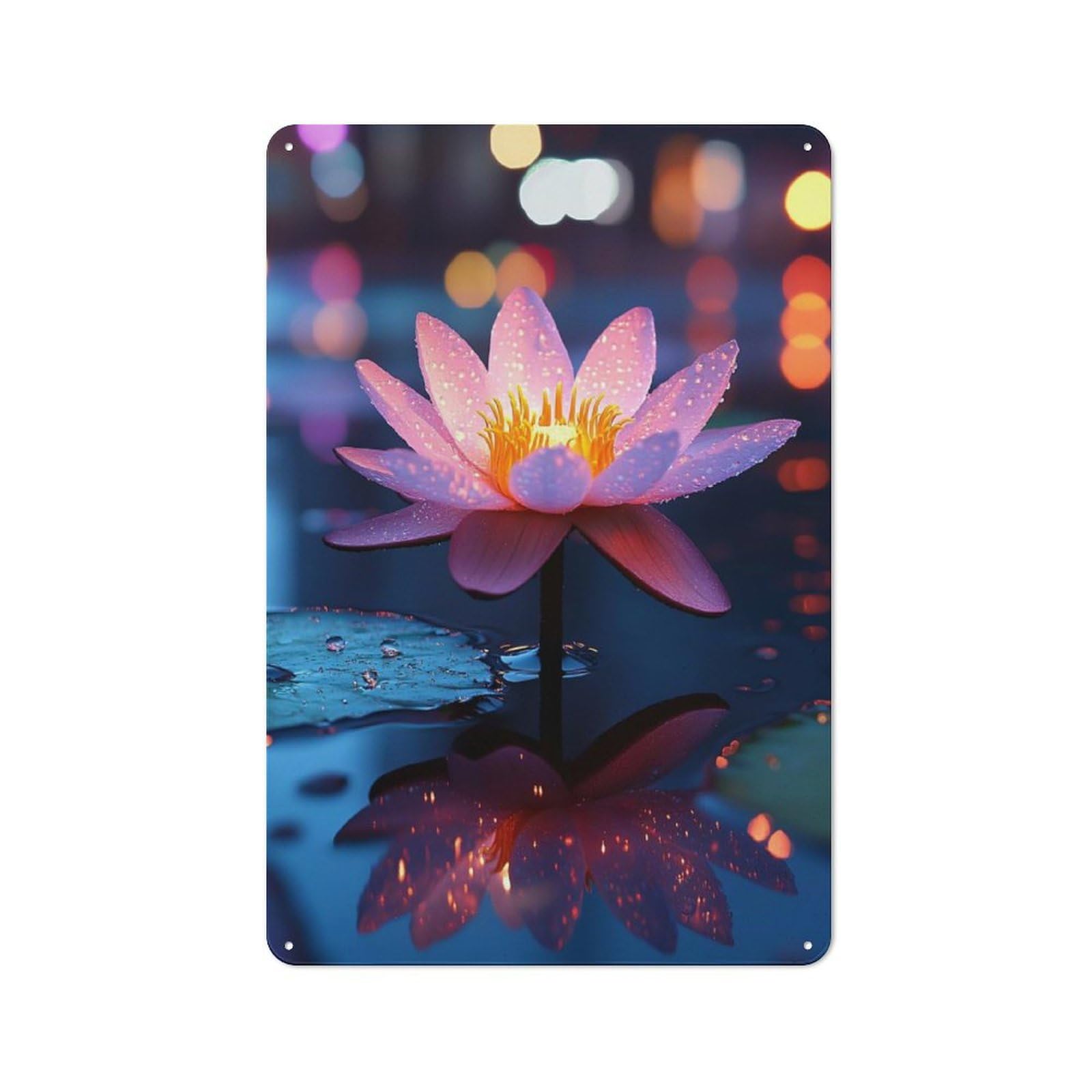 Junmoney Style-24 Pink Lotus Flower In Water Reflection Cottage Style Metal Wall Decor 30X20cm, Decorative Tin Sign For Cottage, Kitchen, Hallway Or Breakfast Nook