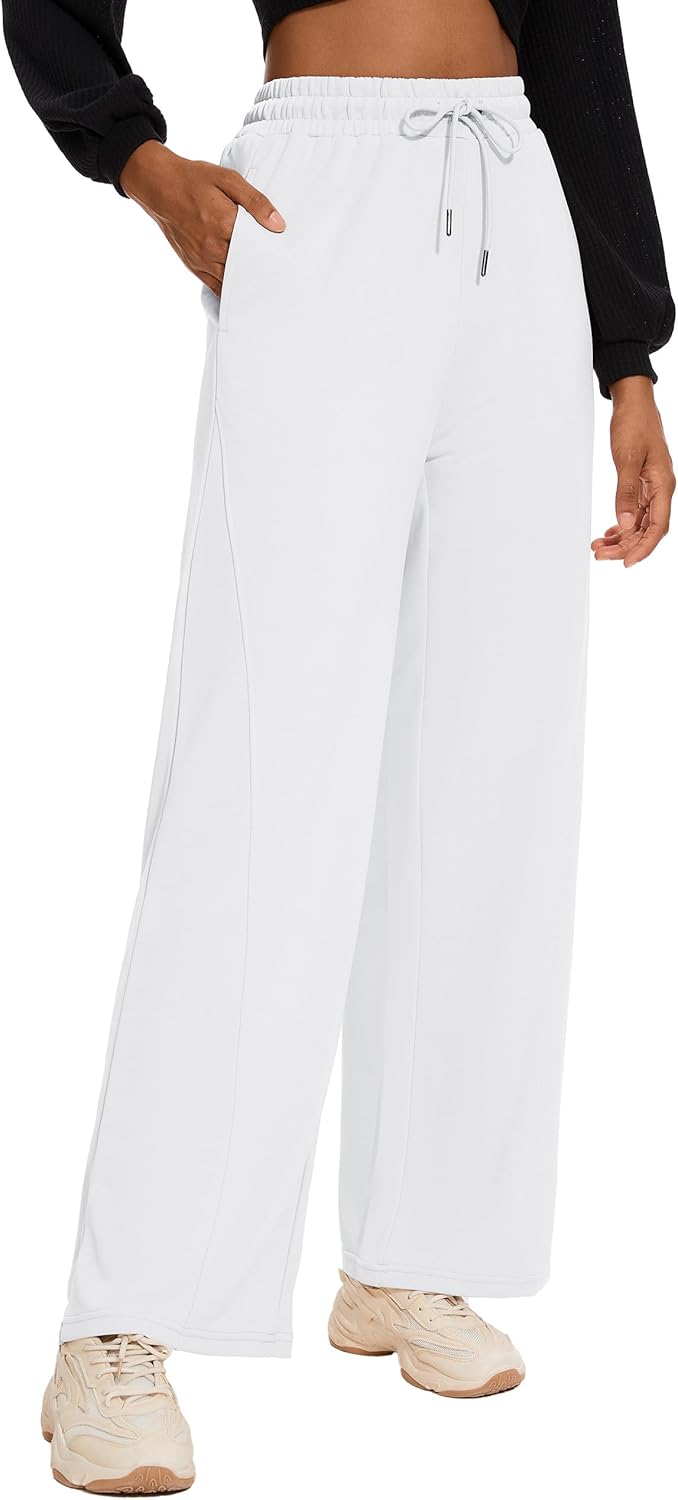 M MOTEEPI Women Sweatpants Wide Leg Sweatpants 28" Lounge Sweat Pants Casual Baggy Trousers with Elastic Waist Straight Leg White - Image 3