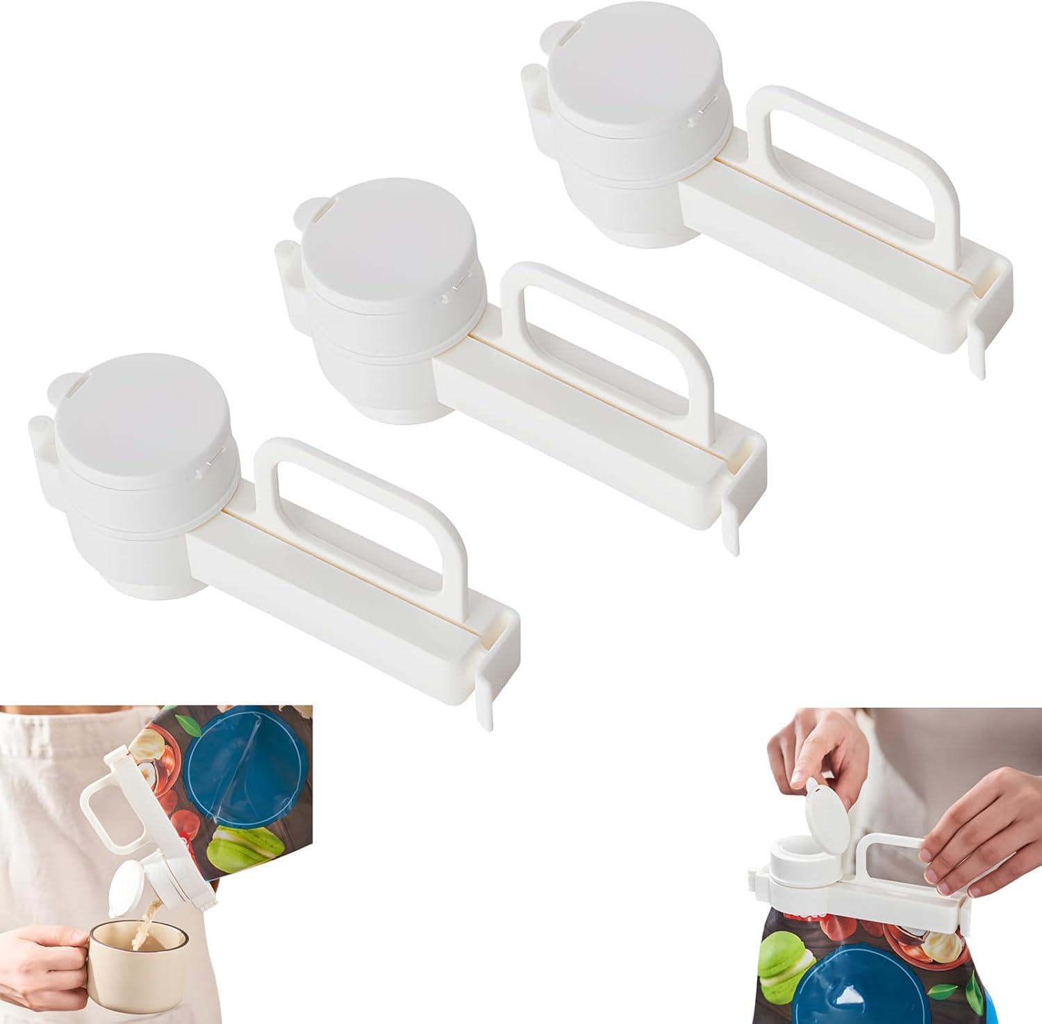 3Pcs Food Bag Sealing Clip with Pour Spout, Food Bag Clips with Pour Spouts, Great Clips Bags for Kitchen, Suitable for Small Particle Food, Liquid, Flour and Baby Food Storage Organizer (White)