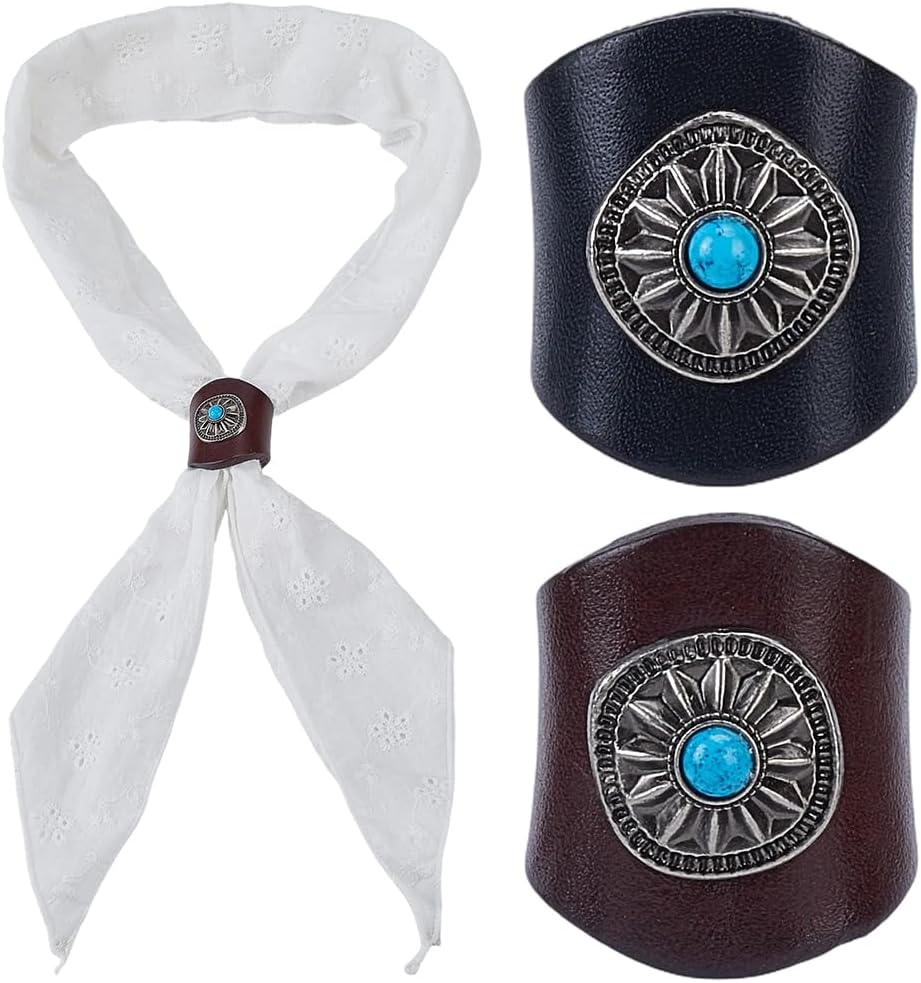 2Pcs Genuine Western Bandana Scarf Ring Blue Turquoise Neckerchief Slide Buckle
