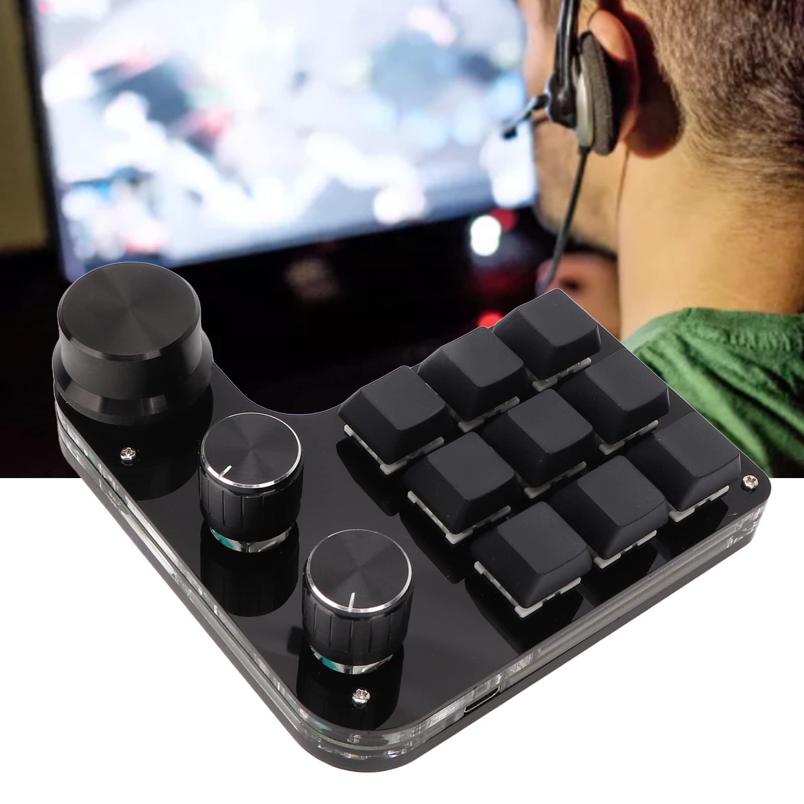 Miniklawiatura Podświetlana RGB z 9 Programowalnymi Klawiszami i 3 Pokrętłami do Gier Biurowych, Mini Klawiatura do Gier Blue Switch dla Użytkowników Komputerów Typu Uniwersalnego
