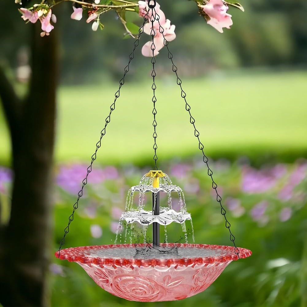 Baño colgante para pájaros, comedero solar para pájaros, fuente de jardín, fuente de agua al aire libre, plástico metálico, diseño flotante, atrae la vida silvestre, azul y rosa, paquete