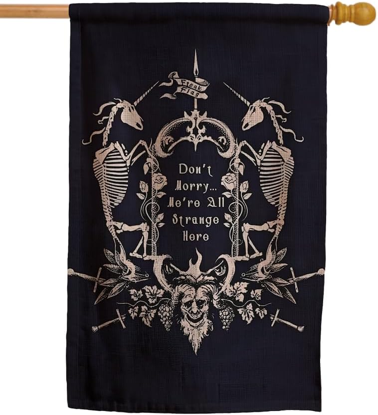 12x18 Inches Gothic Art Welcome Vertical Garden Polyester Flag - Gothic Yard Garden Outdoor Double Sided Decor - Dont Worry Were All Strange Here - Gothics Macabre Outdoor or Indoor Decoration