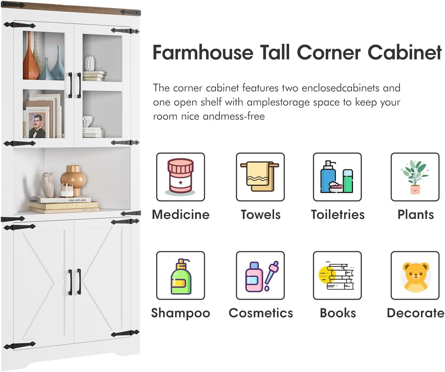 GAOMON Farmhouse Corner Cabinet, Tall Corner Storage with Glass Door & Adjustable Shelves, Bathroom Cabinet with Storage for Living Room, Kitchen, Bathroom, White