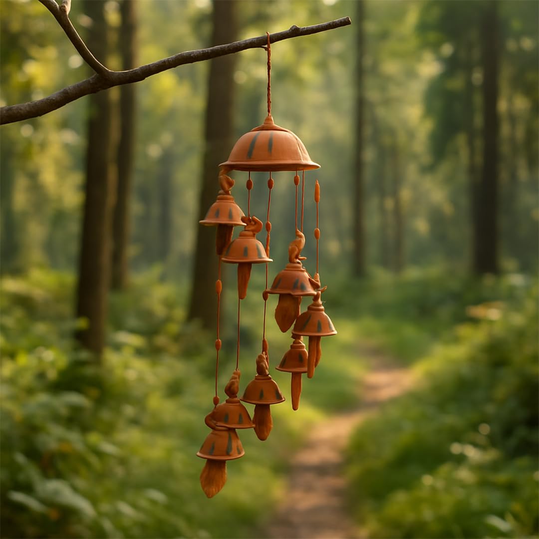 HPW Rajasthani Handcrafted Terracotta 8 Bell Hanging Windchimes for Balcony,Mitti Clay Earthenware Windchime for Home Decor Positive Energy,Handpainted Decorative Latkan Fengshui for Bedroom, Multi-image-35
