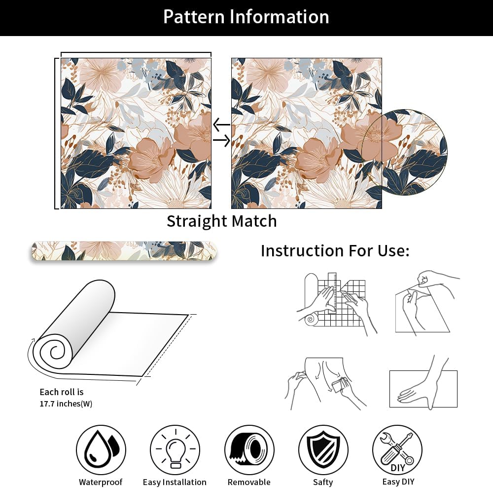 MuralPeel Modern Brown Navy Flower Plants Vintage Peel and Stick Wallpaper Self Adhesive Removable Easy Peel Off Stick on Wall Paper for Bedroom Cabinet Renter
