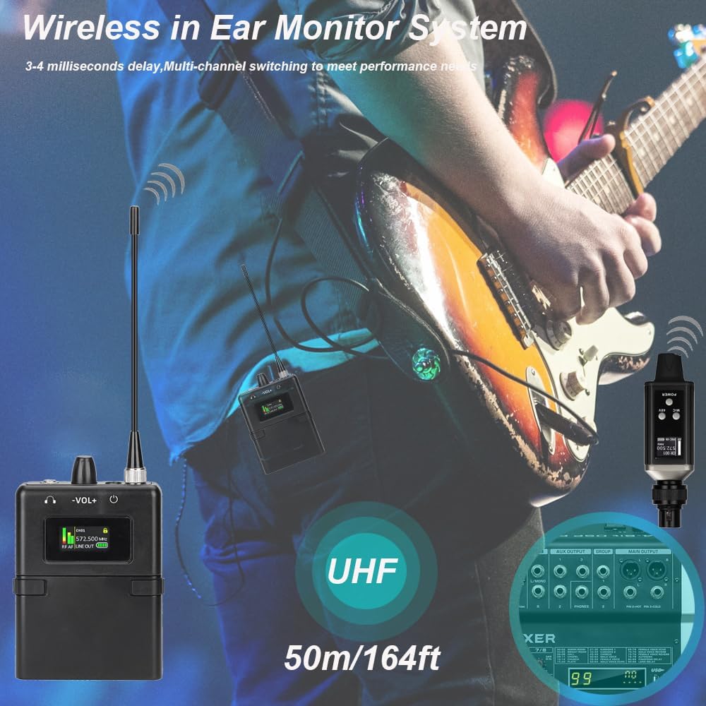Portable Wireless IEM System,UHF in Ear Monitor Kit with Beltpack Receiver & XLR Transmitter for Streaming,Podcasting,Recording,Church,Speech,Stage,Studio,Live Performance - 16 Channels
