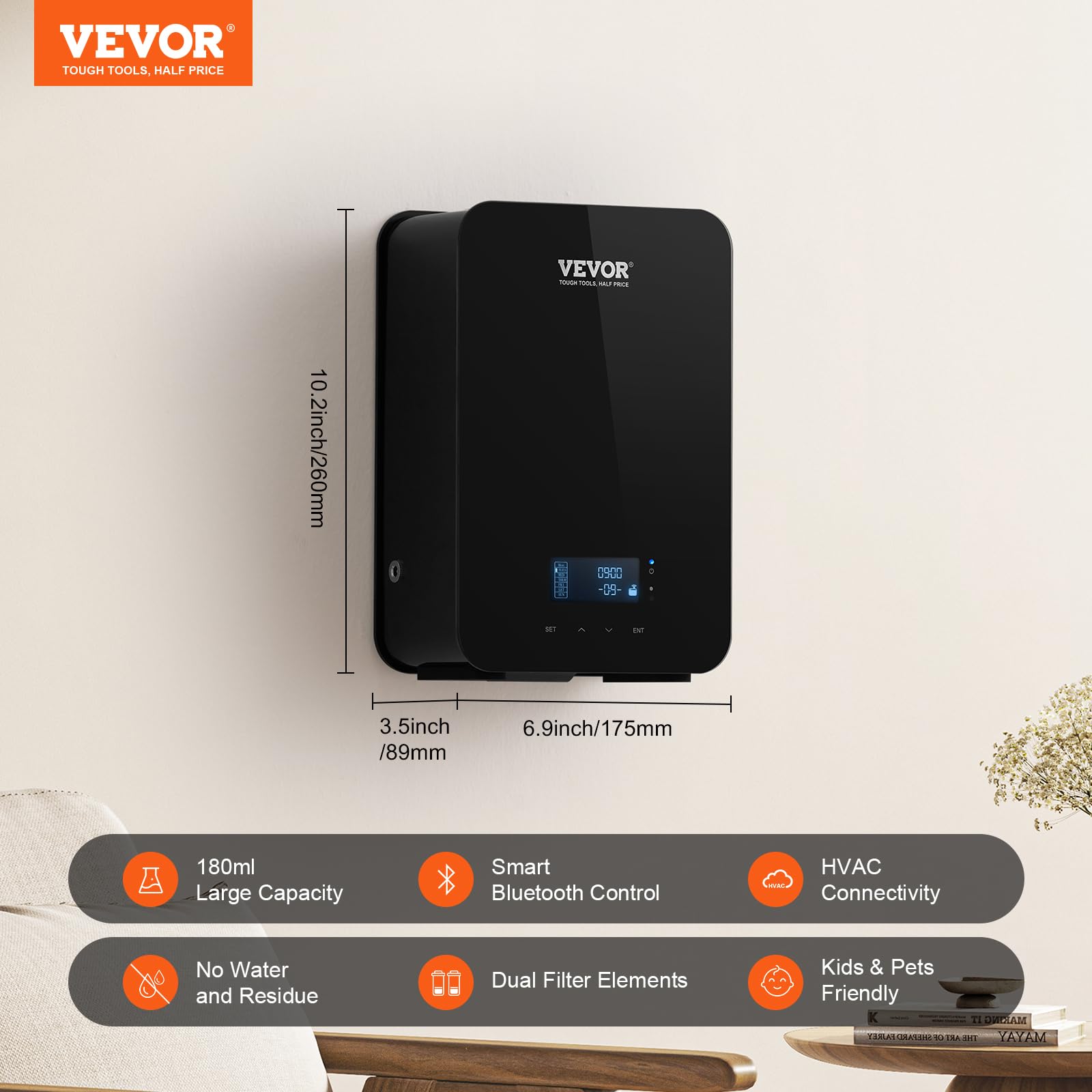 VEVOR Difusor de Aroma HVAC actualizado, máquina de Aire Inteligente para el hogar, 180 ml con tecnología de Aire frío, difusor de Aceite Esencial sin Agua, Cubre hasta 2000 pies Cuadrados para Sala