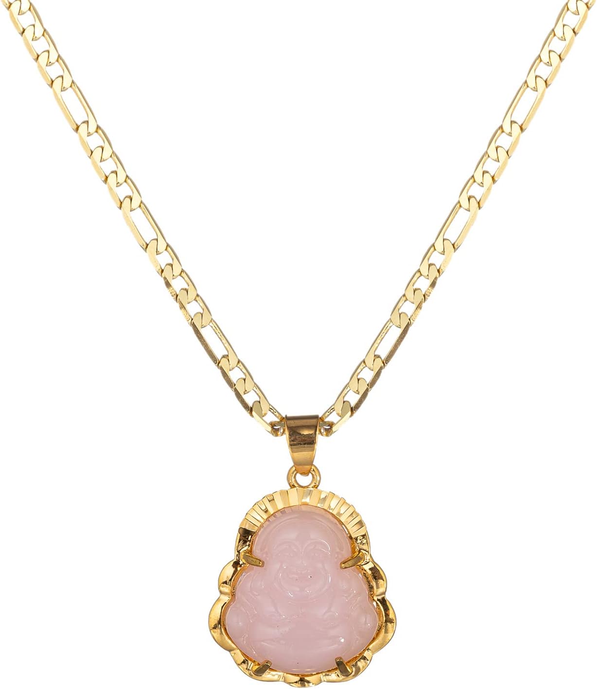 14K Gold Plated Buddha Pendant Necklace for Women Men 3MM Flat Figaro Chain Necklace Blue Green Pink White Yellow Buddha Head