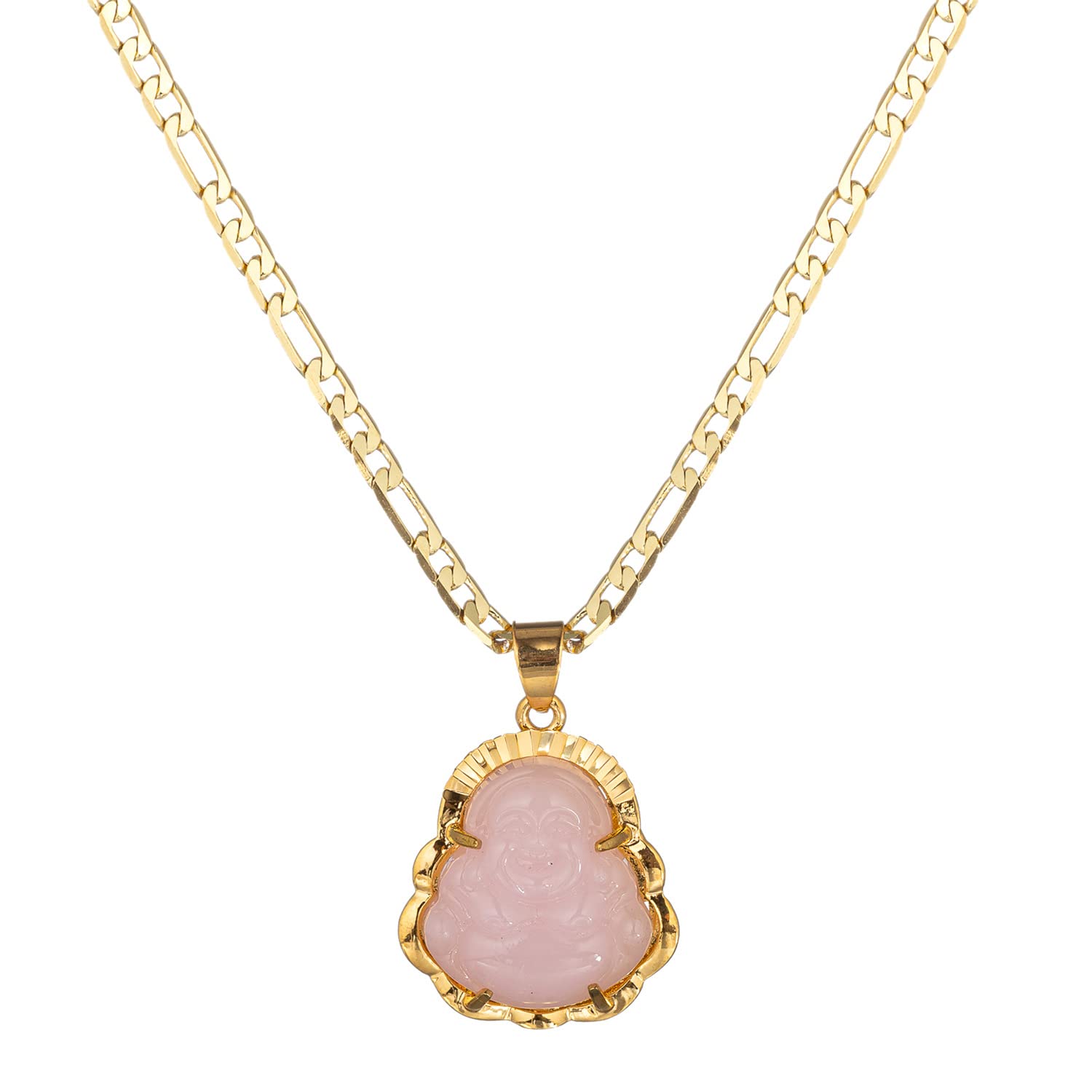 kelistom14K Gold Plated Buddha Pendant Necklace for Women Men 3MM Flat Figaro Chain Necklace Blue Green Pink White Yellow Buddha Head