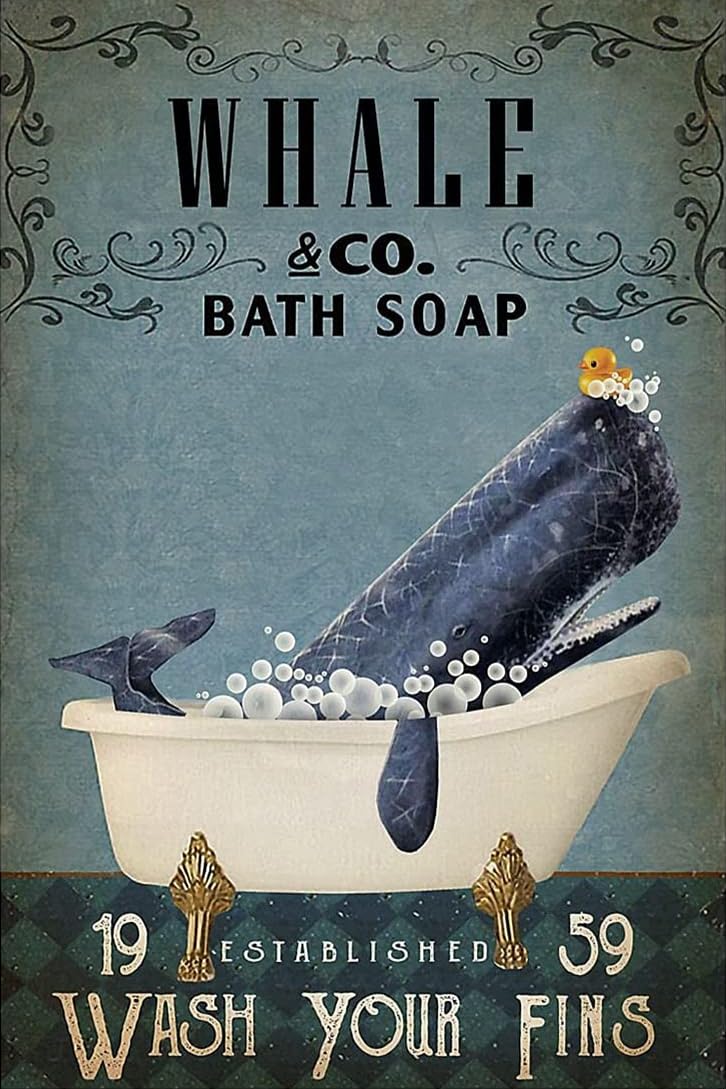 Kisoyo Bathroom Whale Retro Metal Tin Sign, Whale Bath Soap Bubble Poster Vintage Toilet Cave Bar Home Bathroom Wall Decoration Sign 8X12 Inch
