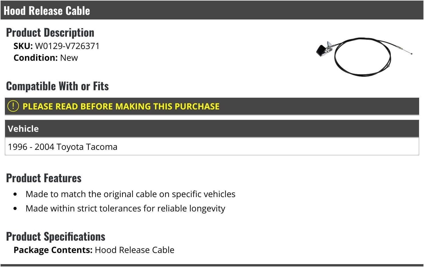 Marketplace Auto Parts Hood Release Cable - Compatible with 1996-2004 Toyota Tacoma