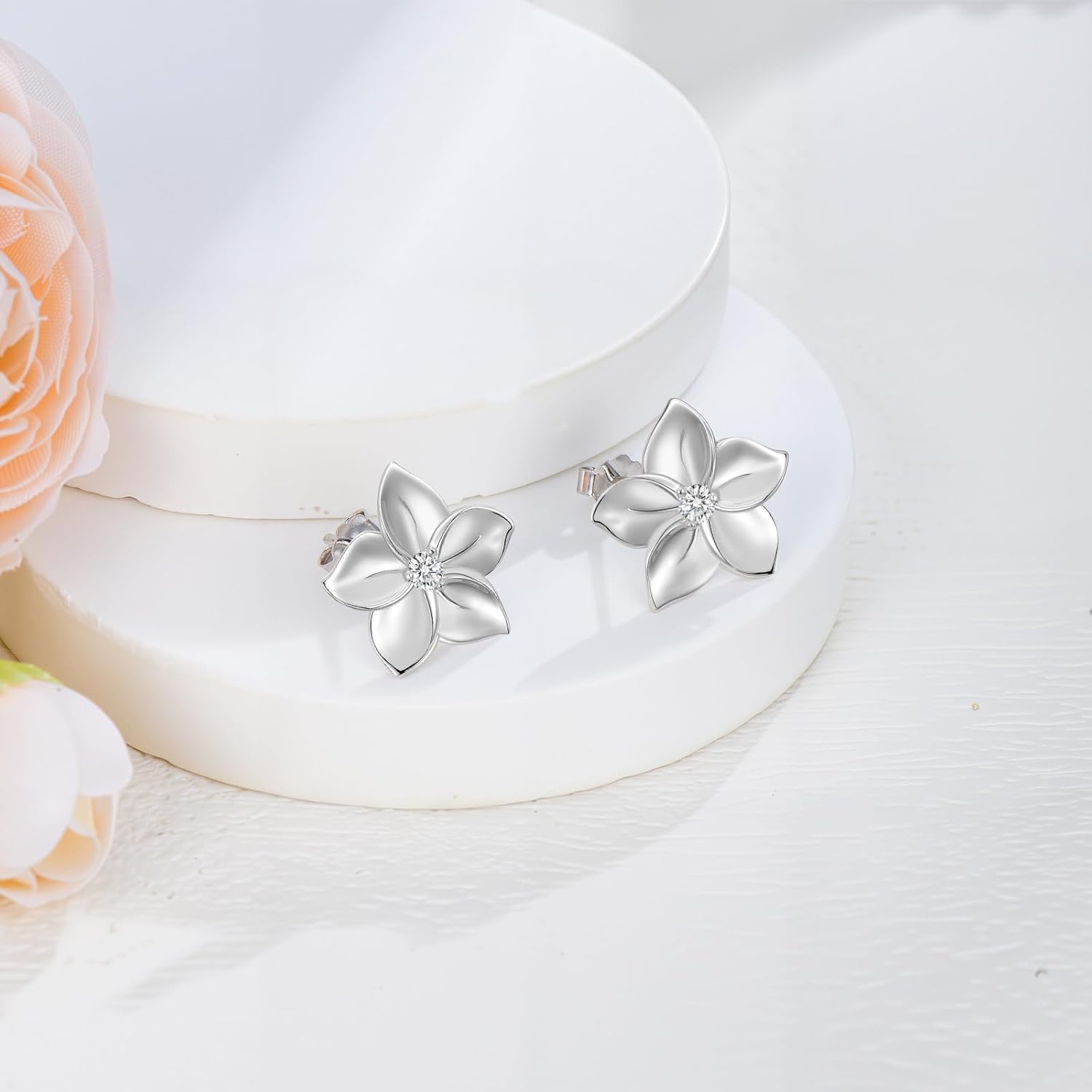 Diamond Plumeria Stud Earrings for Women 925 Sterling Silver Hawaiian Plumeria Flower Earrings Studs with 0.06ct Lab Grown Diamonds Dainty Birthday Holiday Beach Jewelry Gifts - Image 2