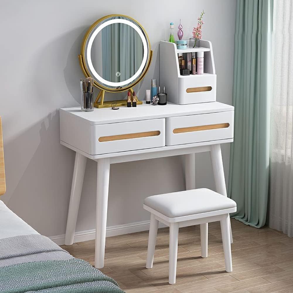 LITFAD Contemporary Makeup Vanity Set with Mirror and Lights Rubberwood Dressing Table and Stool,Makeup Vanity Desk with Drawers for Bedroom,24" L x 16" W x 30" H-Walnut&White