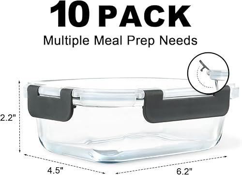 Miniatura 2 de KAMOTA Contenedores de vidrio para almacenamiento de alimentos, paquete de 10 recipientes de vidrio para preparación de comidas, recipientes