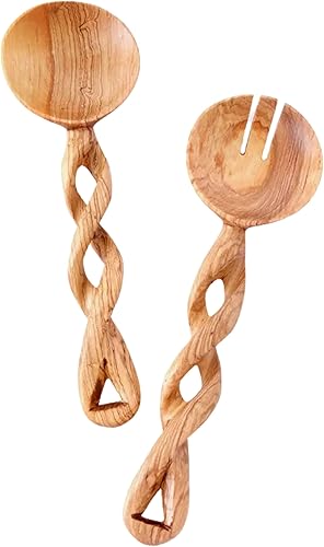Juego de utensilios de cocina de madera de olivo keniano tallada a mano con asas trenzadas y diseño de ensalada