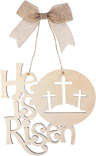 MUCKLILY Colgante de Pascua para puerta delantera, decoración con texto en inglés "He Is Risen", letrero rústico de primavera religioso, letrero de