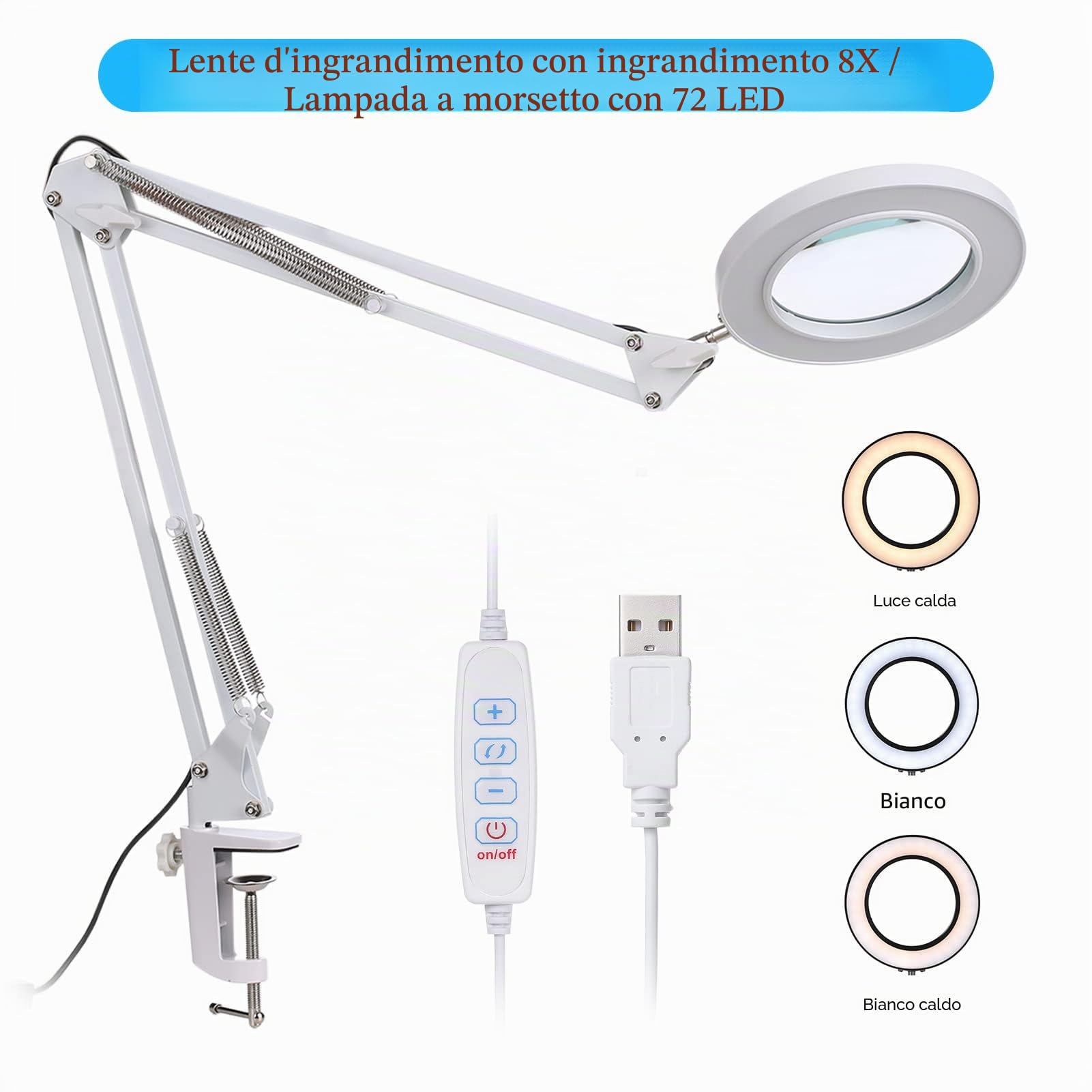 Kavolet Lente d'Ingrandimento con LED, Lampada da Tavolo Pieghevole, Luce a Morsetto, Ingrandimento 8X, 10 Livelli di Luminosità, 3 Colori, Angolo di Illuminazione ruotabile, Alimentata Tramite USB
