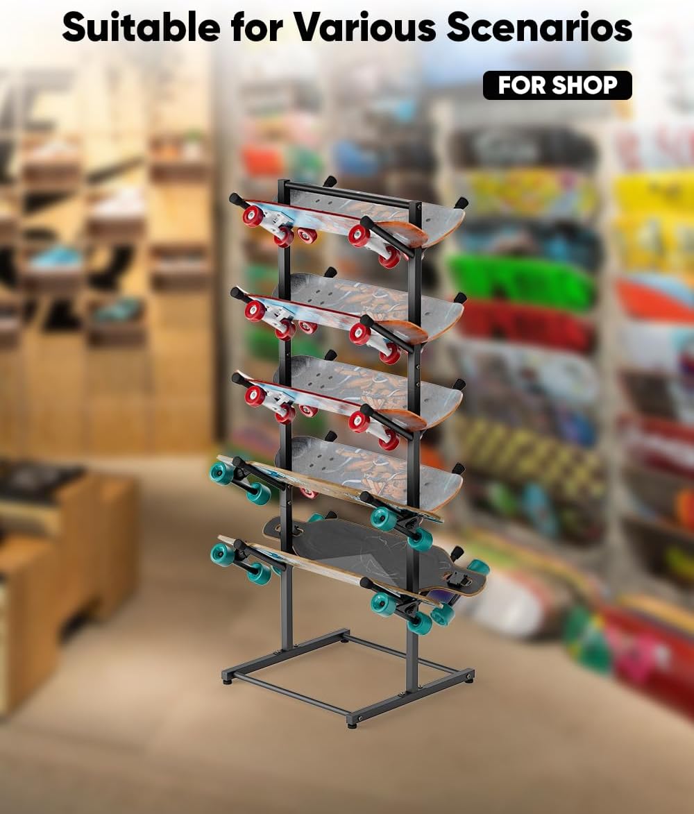Skateboard Racks Floor Stand Holder, Freestanding 5-Tier Skateboard Storage Organizer Hanger, Skateboards Display Rack for Deck, Longboard, Skateboard Rack for Garage