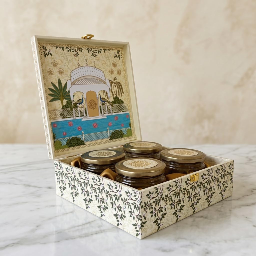 Decorative MDF Dry Fruit Box with 4 Airtight Glass Jars (9.5 x 9.5 x 3.5 inches) | Luxury Gift Box for Weddings, Diwali & Festivals in Traditional Designs |Organiser, Keepsake Box (Design 2)-image-13
