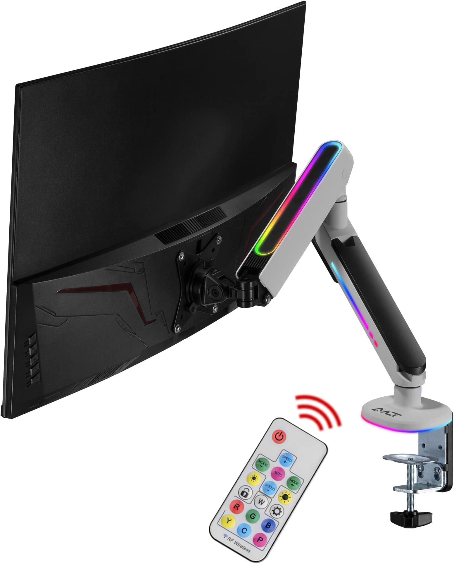 AVLT RGB Lights Single 13”-34” Monitor Arm Desk Mount Built-in 179 Modes & 17-Key Remote Controller Fits One Flat/Curved/Ultrawide Screen Height Swivel Tilt Adjustable Monitor Stand