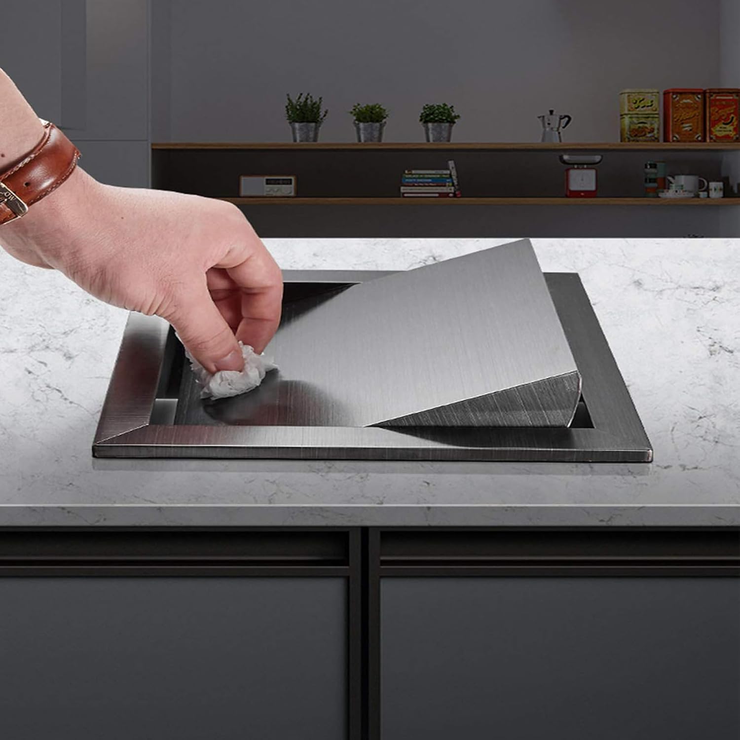 304 Stainless Steel Built-in Balance Trash Flap, Brushed Recessed Counter Top Bin Cover, Square Balance Flush Waste Chute, Kitchen Swing Trash Can Lid,Black Trash lid