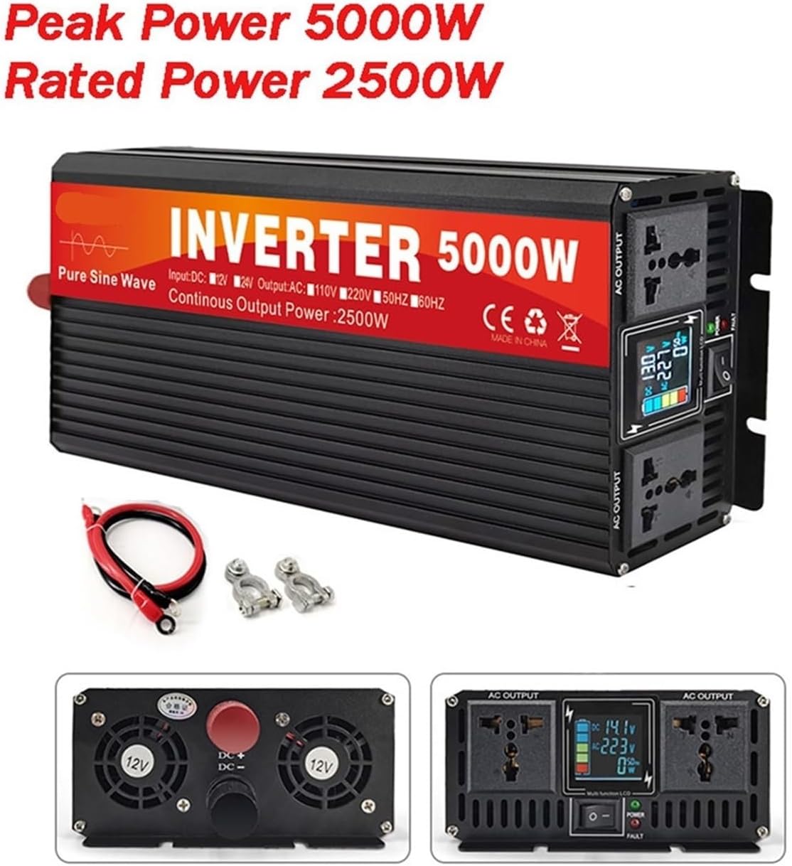 Inverter 5000W 4000W 3000W Double Socket LCD Display DC 12V 24V to AC 220V 110V Voltage Converter Power Supply(Peak Power 5000W,24V_240V(50HZ))(Peak Power 5000w,12V-240V(50HZ))