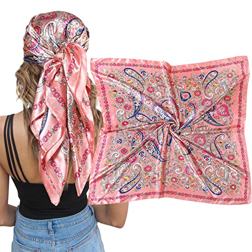 AWAYTR Head Scarf - Large Square Satin Scarf, Cashew(Pink), Women's Hair Wrap, 100% Polyester, Beach Vacation Style