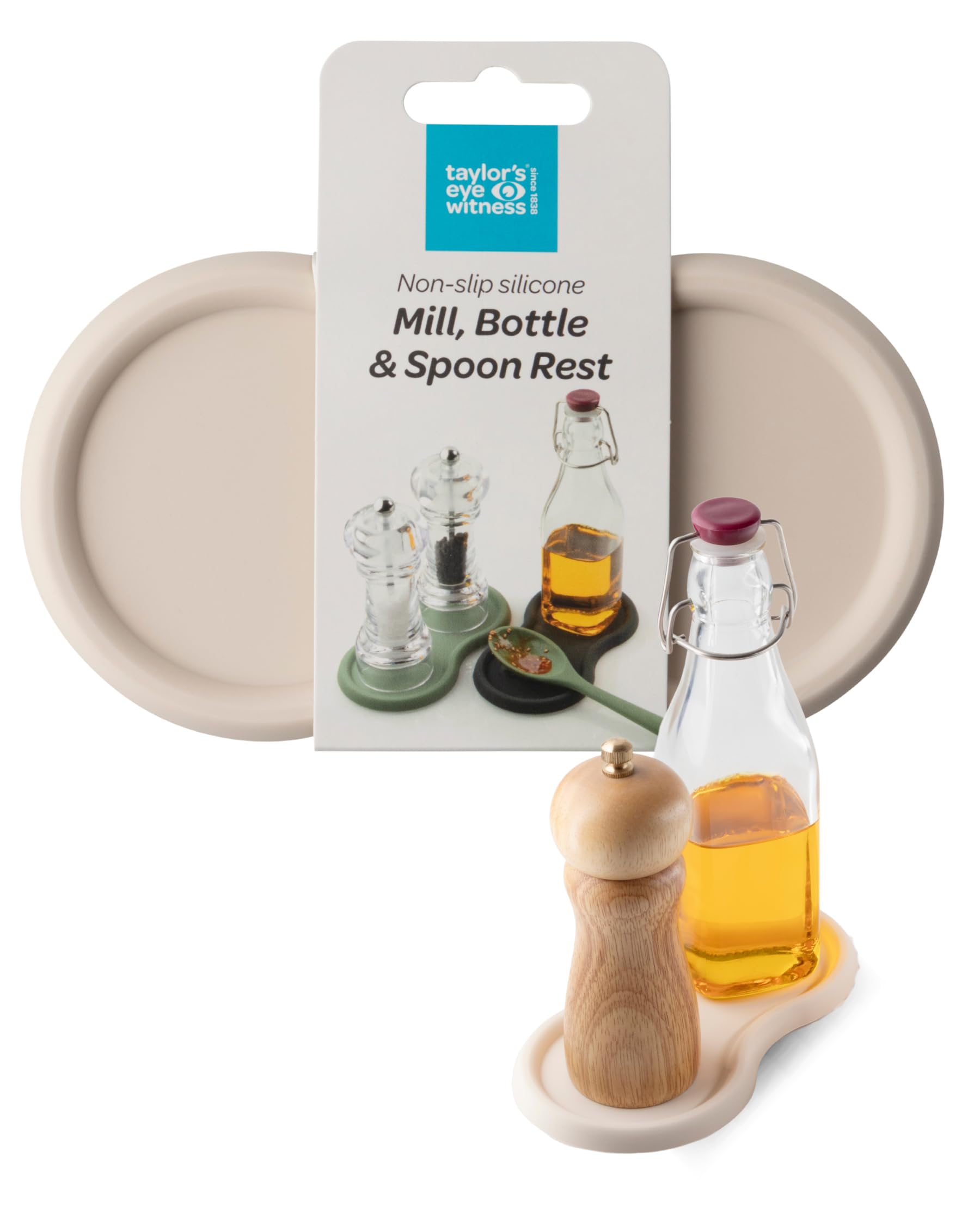 Taylor's Eye Witness Salt and Pepper Mill Tray – Non-Slip Silicone Pepper Grinder Rest for Spoon, Oil & Condiment Bottles. Kitchen Counter & Dining Table Protector. 17x9x0.9cm. Oyster Colour