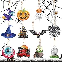 12 PCS Halloween Diamond Painting Keychain,Ghost Pumpkin Crystal Rhinestone Pendant Paint by Numbers Diamond,DIY Full Drill Diamond Art Craft Keyring,Mosaic Diamond Key Chain for Kids,Adult (A)