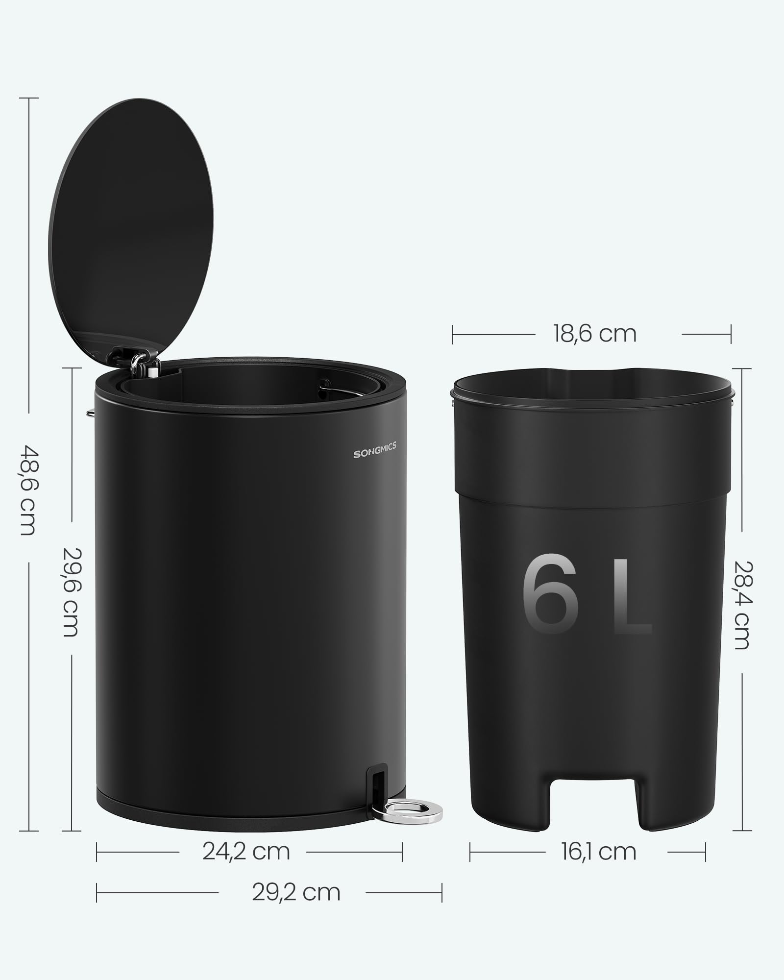 SONGMCIS Cubo de Basura para Cosméticos, 6 L, Cubo de Basura de Baño, con Tapa, Cierre Suave, con Pedal, Interior de Plástico Extraíble, para Baño, Oficina, Acero, Negro Tinta LTB012BZ01