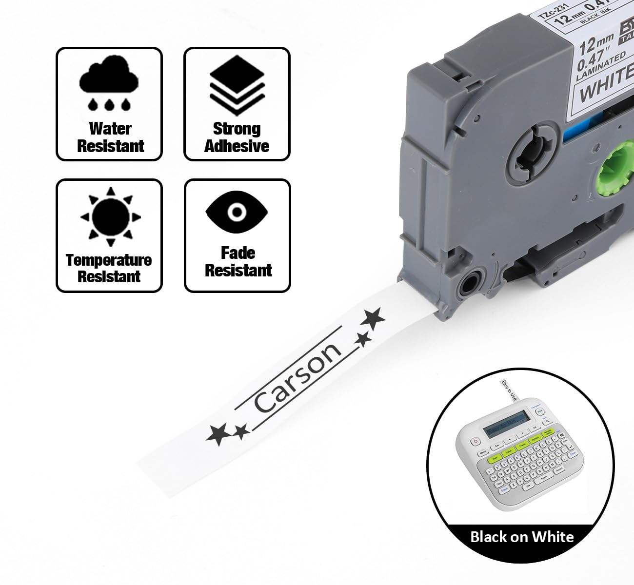 Ruban Étiqueteuse Cassette 12mm x 8m Noir sur Blanc Compatible Brother P-Touch PT-E100 PT-E200