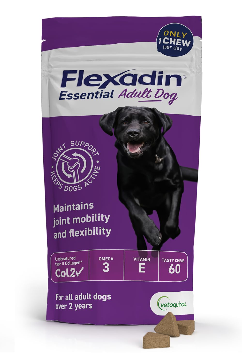 Flexadin Essential Joint Care Supplement for Adult Dogs containing Undenatured Type II Collagen, Omega 3 & Vitamin E/Promoting long-term joint health, mobility & flexibility / 60 chew pack