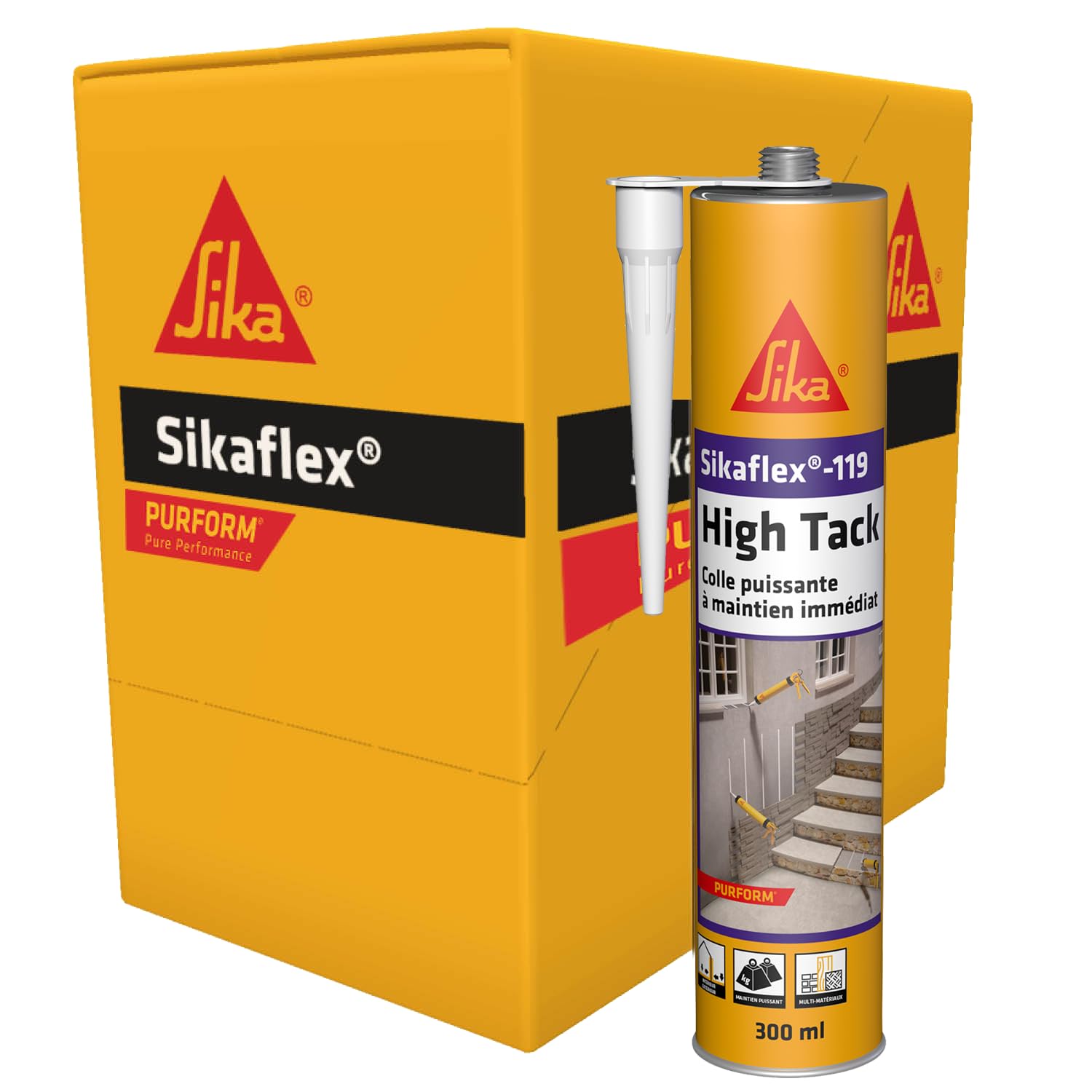 SIKA - Colle puissante - Sikaflex-119 High Tack - Blanc - Carton 12x300ml | Collage d’objets lourds - Intérieur et extérieur - Maintien immédiat élevé - Séchage rapide