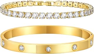 Armreif Gold Silber 17/18/19cm, Armband Damen Set für Frauen Mädchen, 18K Vergoldet Armbänder aus Edelstahl mit Kristallen, Tennisarmband Gold mit Zirkonia aus Kupfer für Mutter Ehefrau Freundin