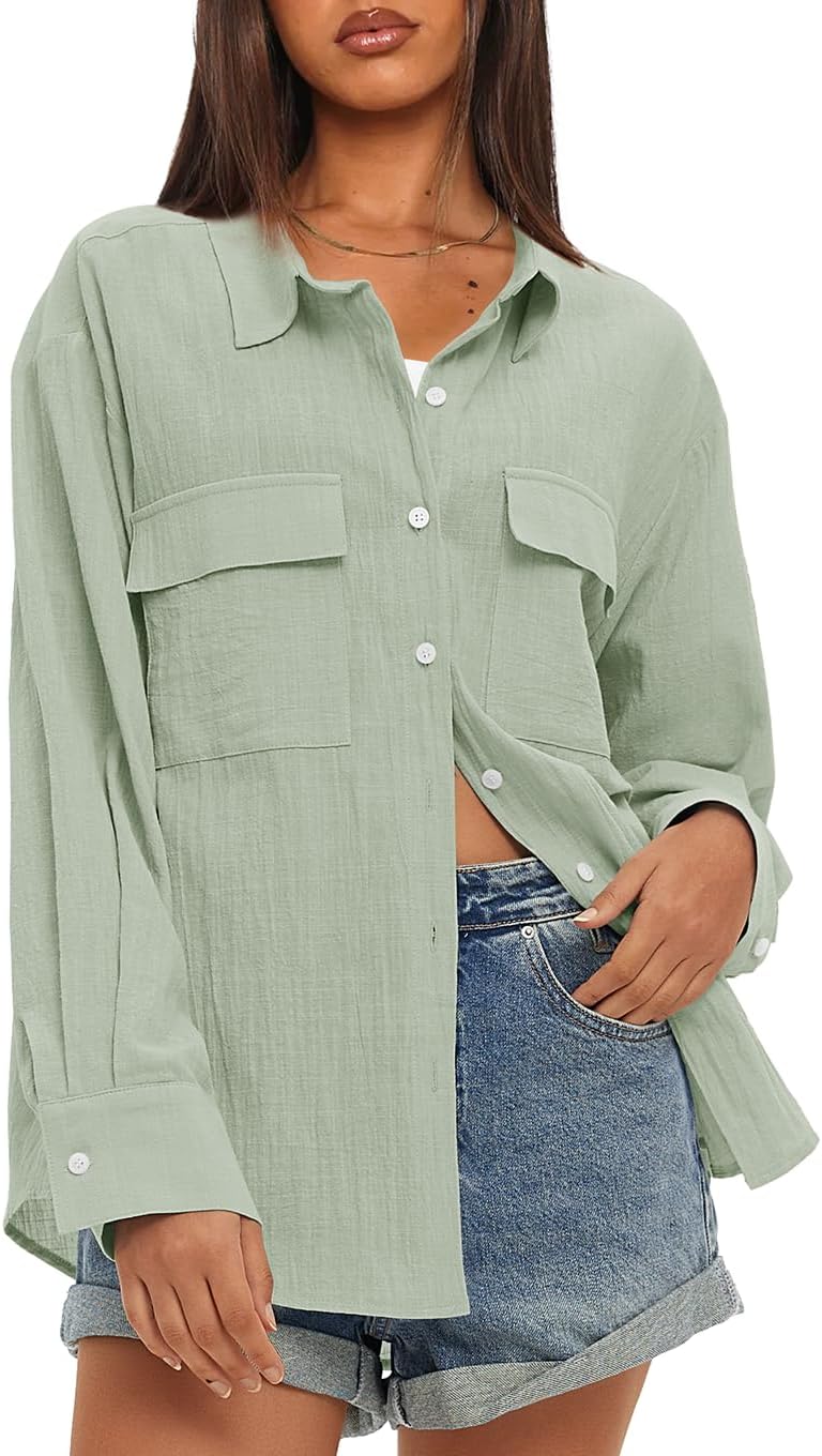 Darong Women's Button Down Long Sleeve Shirts Cotton Blend Casual Oversized Boyfriend Loose Fit Blouse Top - Image 3