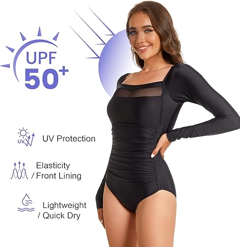 Miniatura 2 de NESY Traje de baño de manga larga para mujer, traje de baño de una pieza, protección UV, traje de surf con cremallera impresa