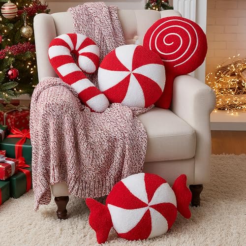 Threehoney 4 Pack Christmas Candy Shaped Pillows Xmas Decorative Cushions Candy Cane Throw Pillows Red White Peppermint Cushion Winter Home Couch Sofa Bedroom Decoration Gift 10-14 Inch