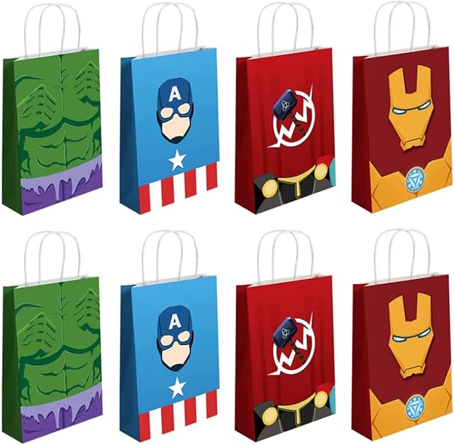 8 PCS Paper Party Bags, Cartoon Kids Party Bags, Paper Bags with Handles, Party Bags for Kids Party Compatible with Superhero Themed Party