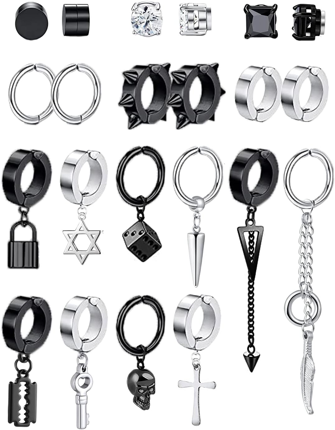 22Pcs Stainless Steel Non Pierced Earrings for Men Women Non-piercing Stud Earrings Dangle Hoop Earrings Clip On Earrings Punk Huggie Earrings Set