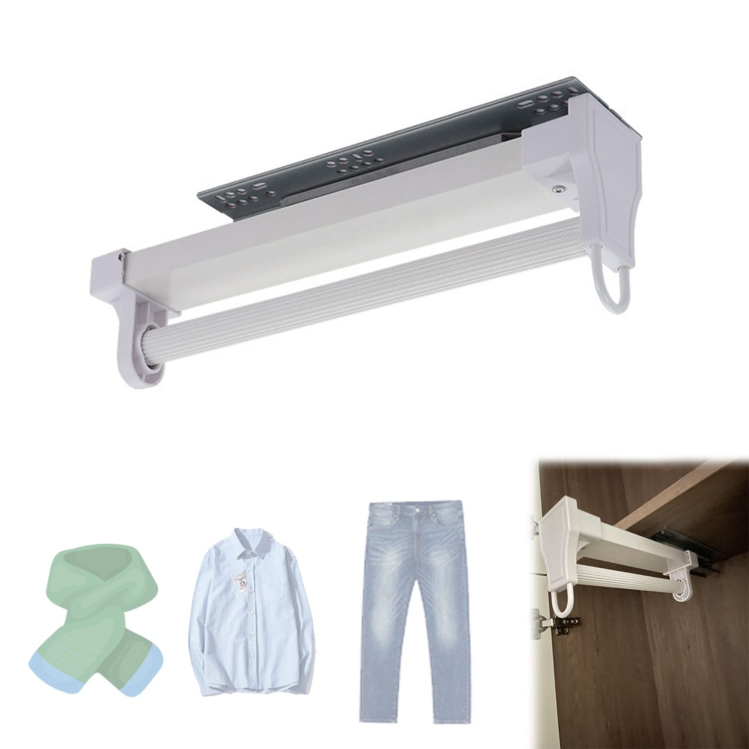 Riel for ropa extensible de 26.5-51.5cm y colgador extraíble de acero para armario