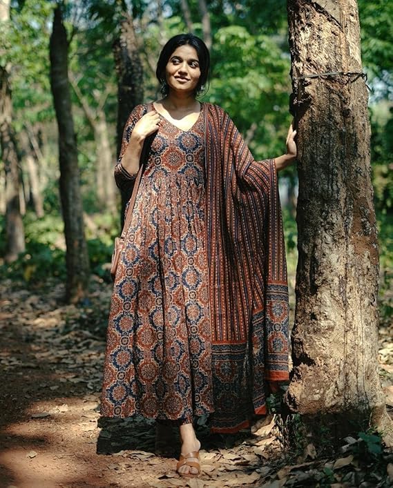 Image of ASSUME FAB Women Viscose Rayon Anarkali Maternity and Nursing Kurta Set with Dupatta - Brown Floral and Geometric Pattern, 3 /4 Sleeves, Comfortable Fit