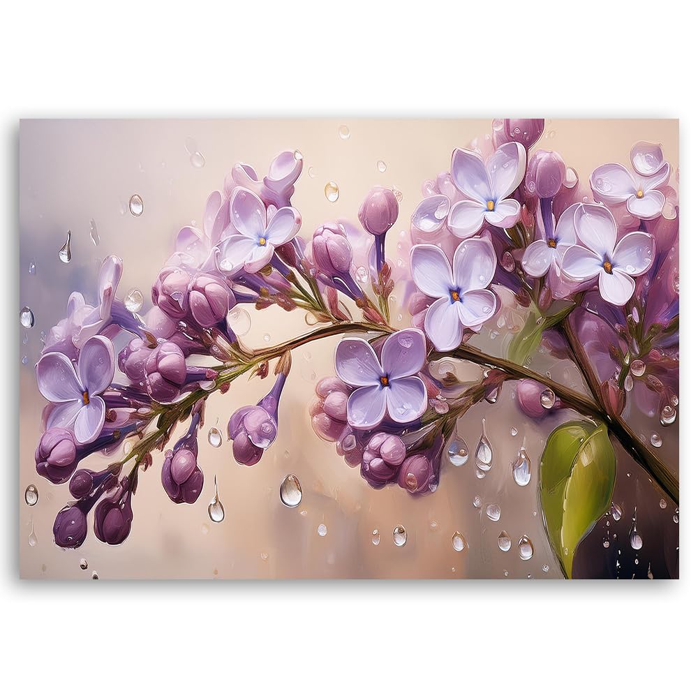 Feeby Quadro su Tela Non Tessuta - Stampa Su Tela - Fiori di lillà Gocce di rosa - 90x60 cm - Decorazione Murale - Moderno Soggiorno - quadri moderni soggiorno - poster