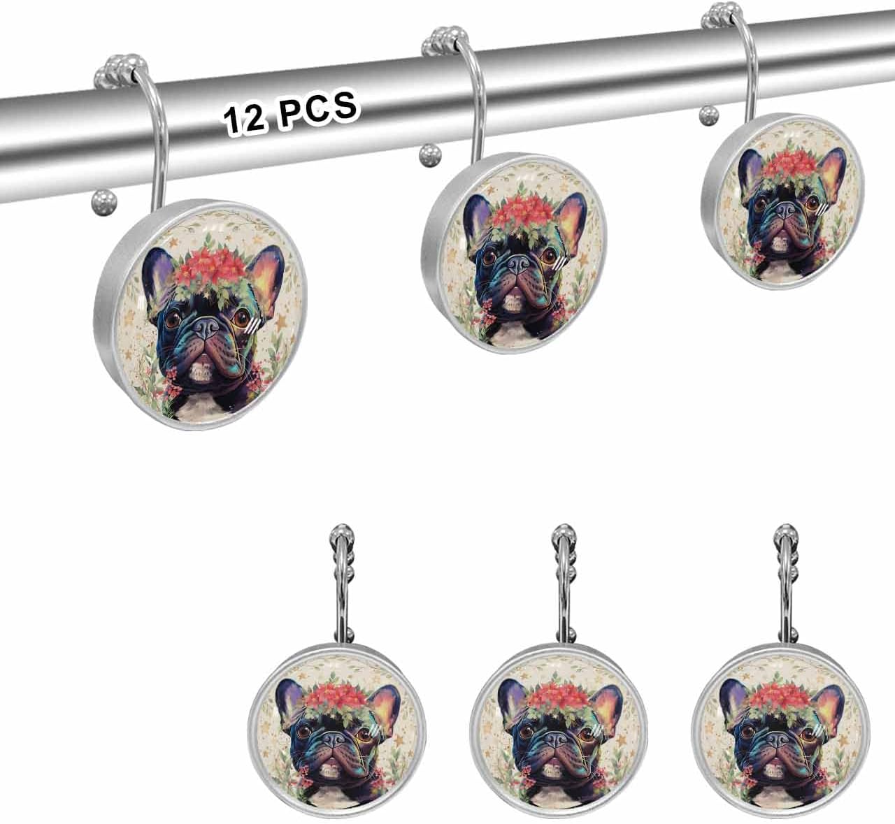 Shower Curtain Hooks 12 Pcs, Pets Dog Watercolor Puppy Stars Flowers Linen Stainless Steel Rust Proof Rolling Shower Curtain Rings, Decorative Shower Curtain Hooks Hangers for Bathroom