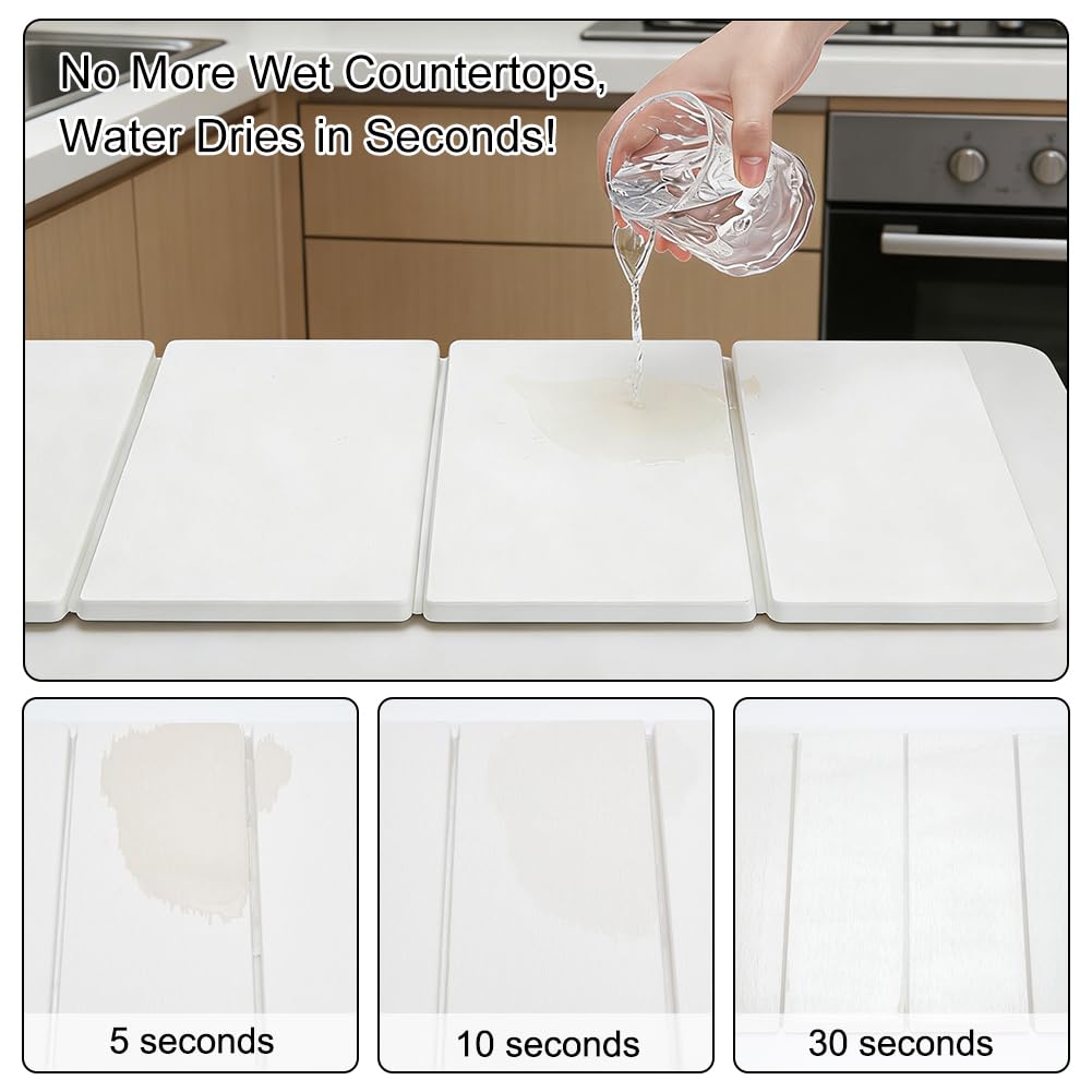 UNICRAFTALE Tapis de Séchage en Pierre pour Plan de Travail de Cuisine Blanc à Séchage Rapide Tapis de Séchage de Vaisselle Pliable 44x34.3cm Tapi en Terre de Diatomées avec Antidérapant et Papier
