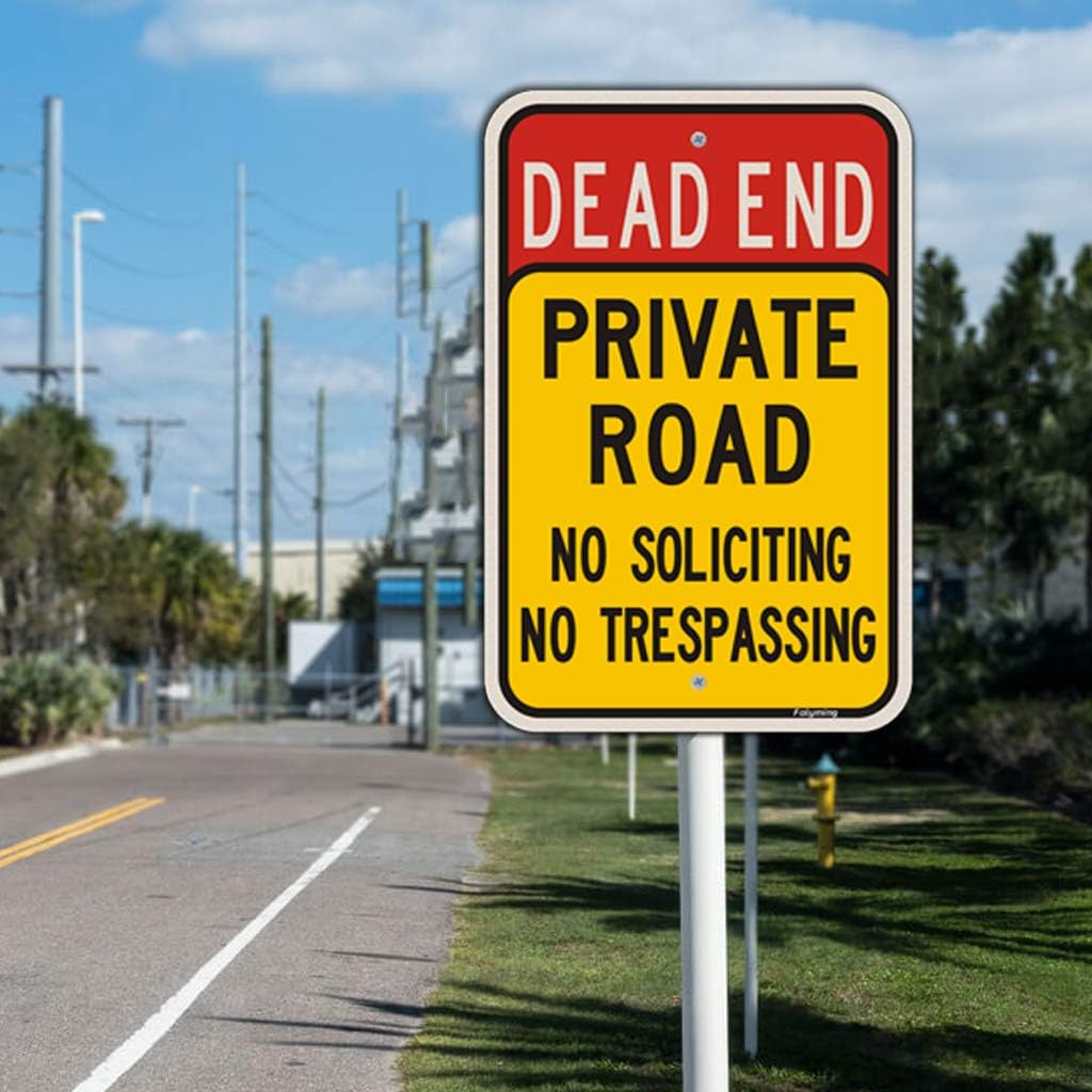 2 Pack Dead End Private Road No Trespassing No Soliciting Sign 18 x 12 Inches Private Driveway Sign Metal Reflective Sturdy Rust Aluminum Waterproof Easy to Install