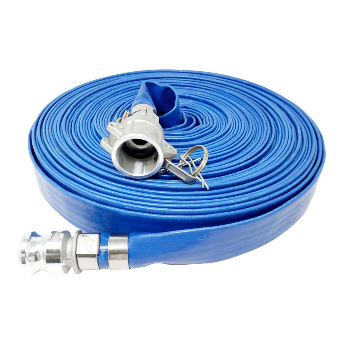 Gloxco 1" x 100′ Blue Lay Flat PVC Discharge Hose Assembly with Aluminum Cam and Groove C and E Fittings